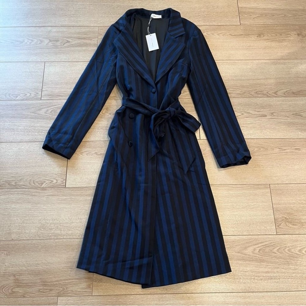 Lovers + Friends Black and Blue Striped Peacoat